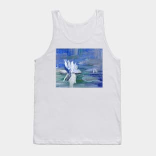 Abstract Oil Painting Waterlily White Blue Tank Top